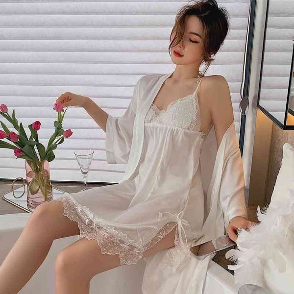 

women's sleepwear women wedding robe set satin summer white bride bridesmaid kimono bathrobe gown lace v-neck sleepwer side s, Black;red