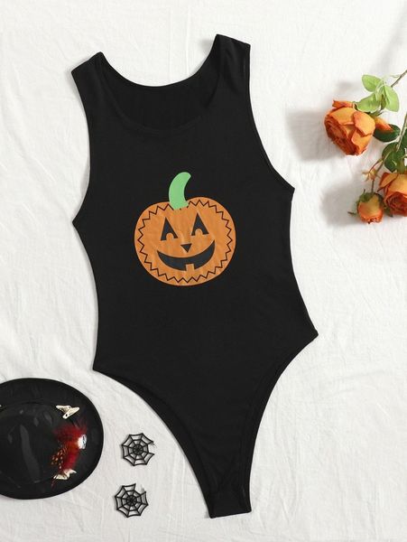 

plus halloween pumpkin print teddy bodysuit k8et#, Black;white