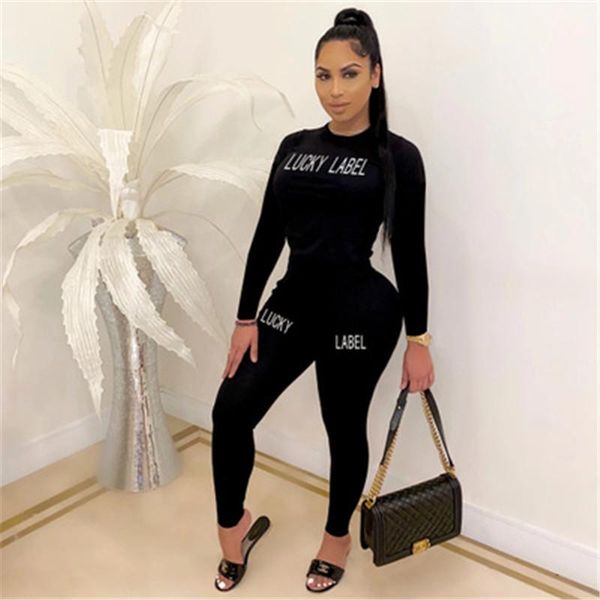 

letter pattern womens sets fashion trend round neck long sleeve trousers tracksuits designer female new casual slim pants 2pcs suits, Gray