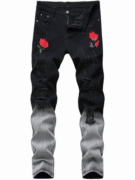 

men floral embroidery ripped skinny jeans 86ku#, Blue