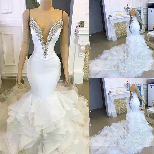 

elegant strapless crystal mermaid wedding dresses ruffles sweep train bridal gowns robe de mariÃ©e, White