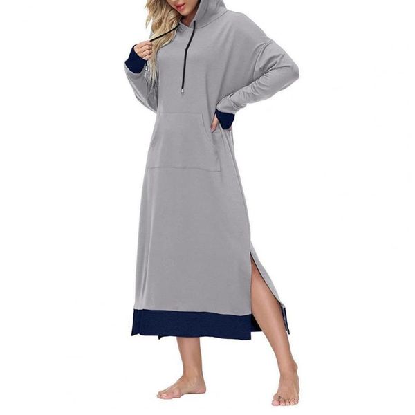 

casual dresses women hooded dress drawstring contrast color patchwork autumn large pocket side split for daily wear, Black;gray