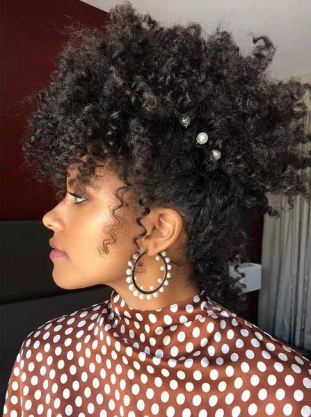 Melhor Penteado De Prom Para Cabelo Natural Cabelo Negro com Bang Kinky Curly Human Human Human Puff Supersensão Ponytail 140g Black Brown Cor