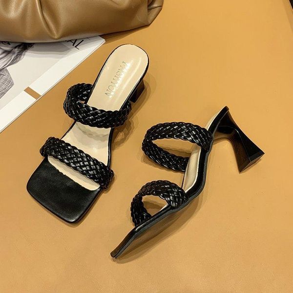 

slippers casual shoes woman 2021 low heeled mules pantofle luxury summer high fabric slides rome rubber basic pu patent leat, Black