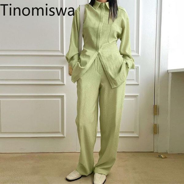 

women's two piece pants tinomiswa fashion suits women set turn down collar long sleeve blouse high waist unicolor korean style outfits, White