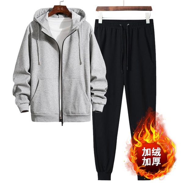 

boutique and winter leisure sports suit men's plush cardigan hooded sweater coat and trousers two piece suit customized logo, Gray