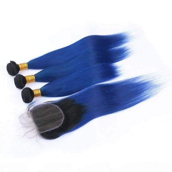 

straight #1b blue ombre 4x4 lace closure piece with bundles virgin indian dark blue ombre human hair weaves doublw wefts with closure, Black;brown