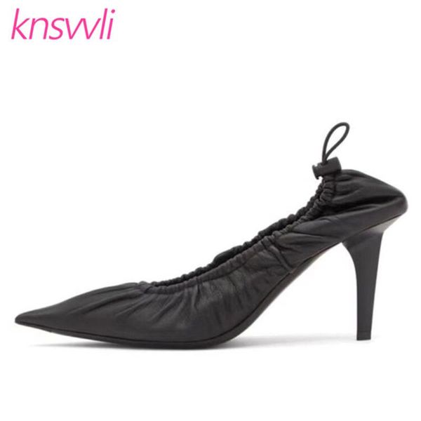 

dress shoes 2021 knife shape high heels women genuine leather catwalk woman designer elastic rope pumps zapatillas mujer, Black