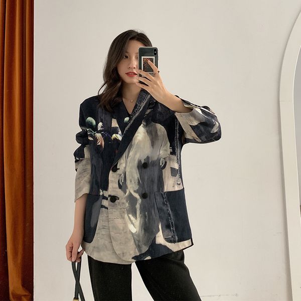 

2021 new designer women blazers and jackets print patchwork plus size loose high street fashion autumn spring blazer qvk4, White;black