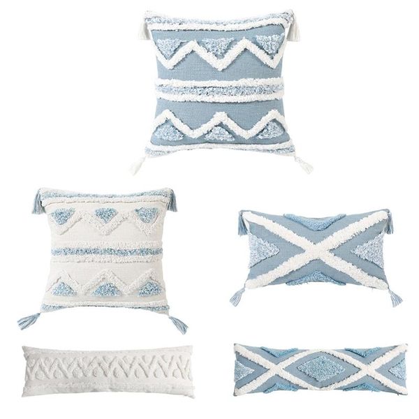 

pillow case bohemian macrame tufted tassel long throw blue beige textured fringe tribal decorative cushion cover for sofa