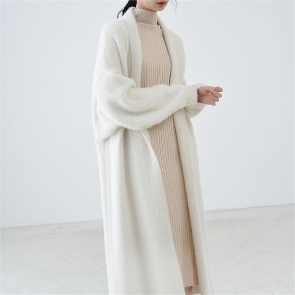 Oversized Long Cardigans Sweater mulher Cashmere Batwing Design de Pista Quente Engrenado Bege Bege Cardigan Feminino Inverno 210603