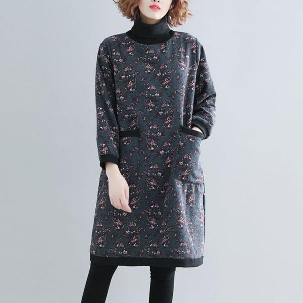 

casual dresses women dress 2021 autumn winter vintage print turtleneck loose comfortable female thick warm cotton s2285, Black;gray