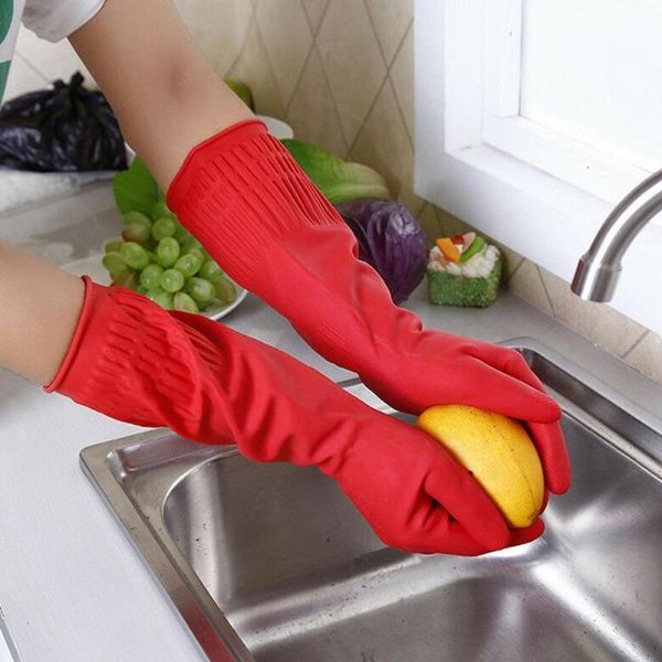 

disposable gloves long sleeve kitchen wash dishes household cleaning waterproof tools rubber handguard red latex n8t2