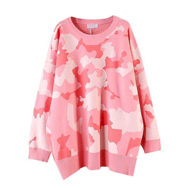 

perhaps u women long sweater knitted pullovers long sleeve pink camouflage loose winter m0049 210529, White