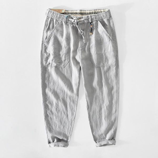 

men's pants z351 men casual simple fashion chic handsome all-match student solid color linen drawstring elastic waist loose trousers, Black