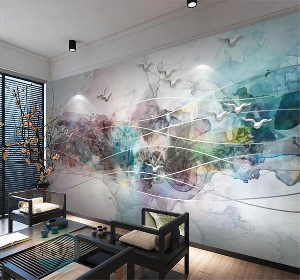

wallpapers custom wallpaper chinese style abstract decorative painting ink landscape birds tv wall background mural 3d
