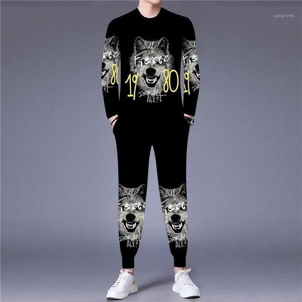 

men's tracksuits suit autumn 2 piece set 3d wolf print casual large size chinese style animal sportswear 2021 trend, Gray