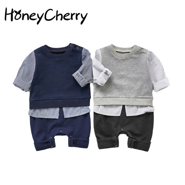 

autumn boy romper handsome striped stitching suit baby winter clothes 210702, Blue