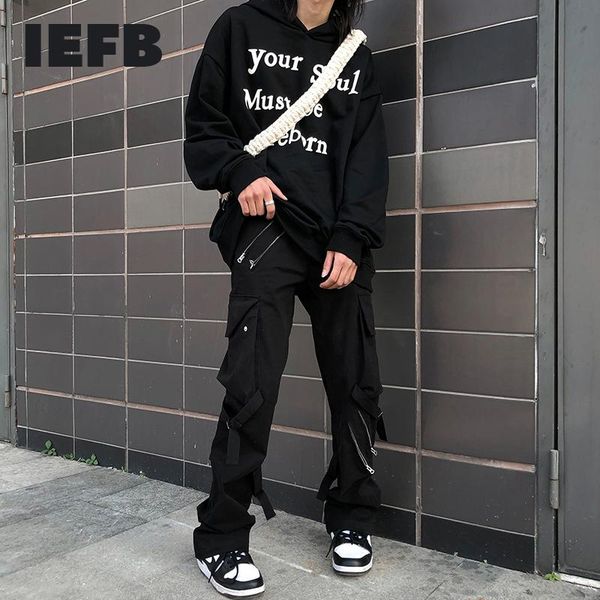 

iefb hip hop men's wear 2021 spring new black zipper design patchwork causal cargo pants for male bandage leg trousers 9y5521