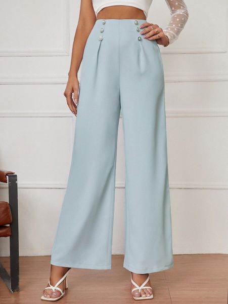 

tall pearl buttons front wide leg pants d4lt#, Black;white
