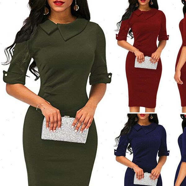 

new spring summer arrival turn down collar half sleeve full solid dress ladies casual women dresses vestidos, Black;gray