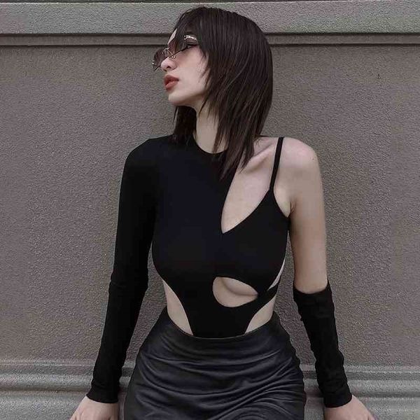 

casual dresses one sleeve summer rompers women jumpsuits fashion solid round neck cut out sheath skinny bodysuits benb, Black;gray
