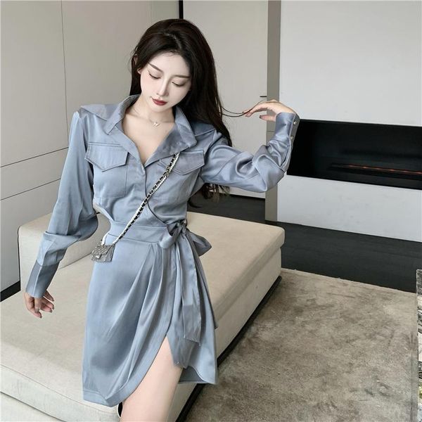 

casual dresses solid color shirt dress for women summer 2021 autumn tunic korean version fashion irregular temperament long sleeve, Black;gray