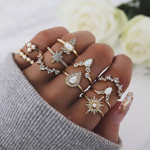 

cluster rings european and american jewelry fashion temperament stars water drop rhinestone protein alloy ring set of 10 for women, Golden;silver