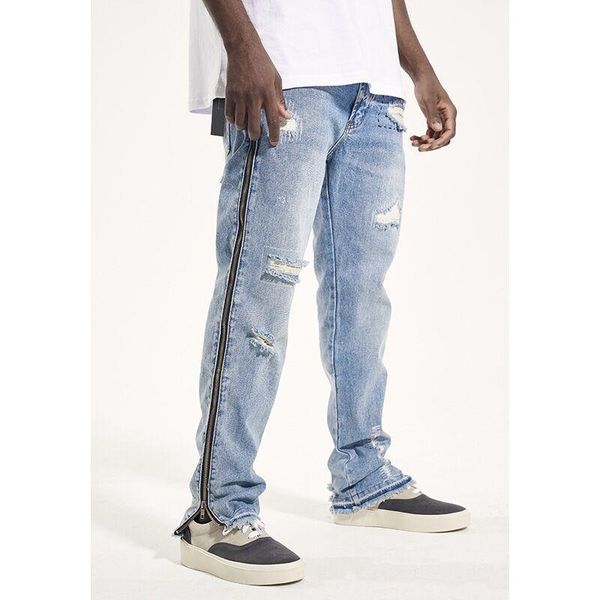 

men's jeans fashion personality side zipper design slim with holes, Blue