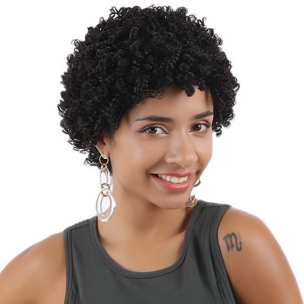 

peruvian human hair wigs african american 130% natural color short tight kinky curly wig machine made, Black;brown
