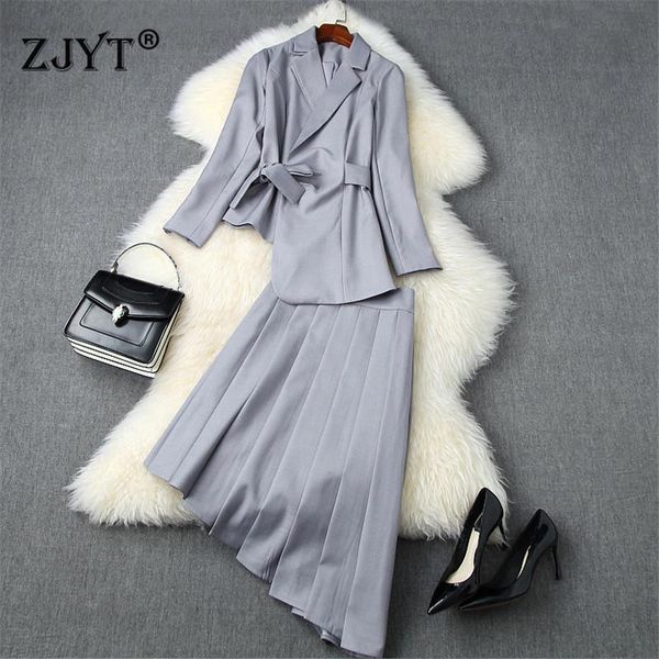 

women's tracksuits 2021 autumn winter lady office two piece outfits elegant long sleeve bandage blazer and irregular skirt suit sets, Gray
