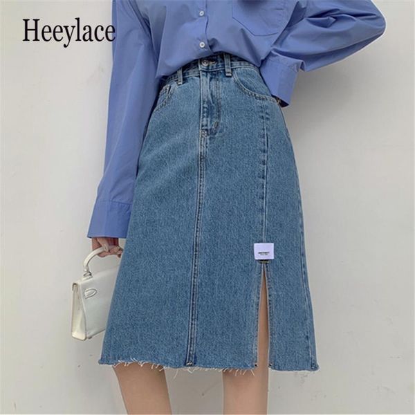 

skirts 2021 summer women's a-line jeans elegant korean style high waist split burrs blue ol casual midi demin skirt, Black