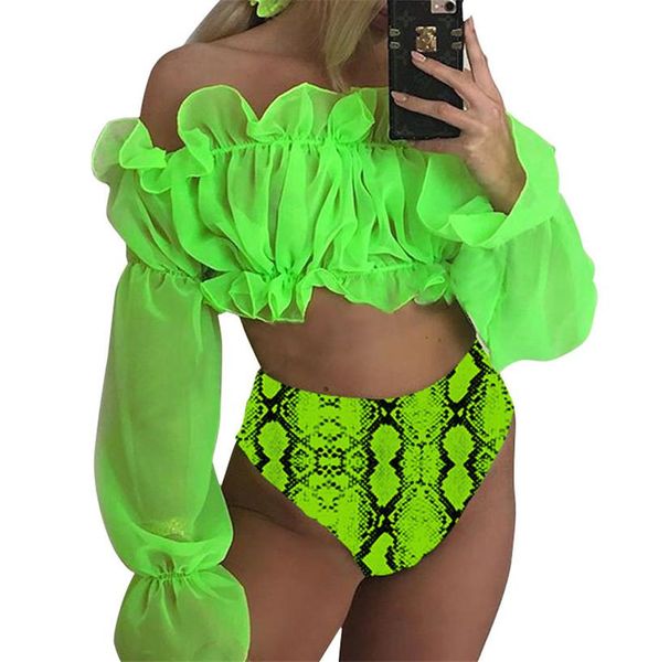 

new women bikini swimwear 2pcs fancy summer mesh blouse high waist briefs beach swimming bathing clothes biquinis set