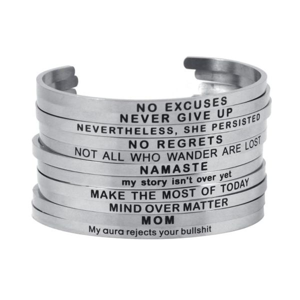 

bangle 4mm silve color bracelet stainless steel bar engraved positive inspirational quote cuff mantra for women, Black