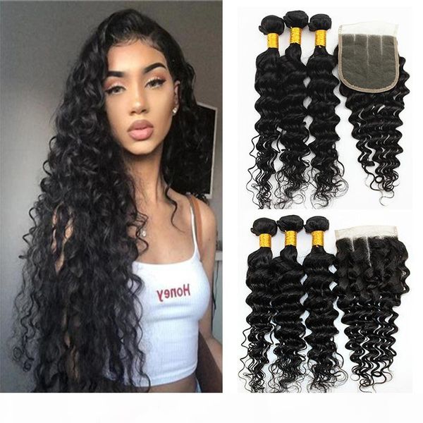 

dilys deep wave brazilian hair bundles with closures part remy hair peruvian unprocessed human hair weft 50g bundle 8-28inch, Black