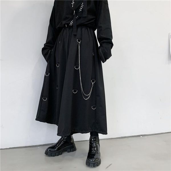 

men's pants men metal chain causal loose casual wide leg pant male japan style streetwear gothic punk kimono skirt, Black