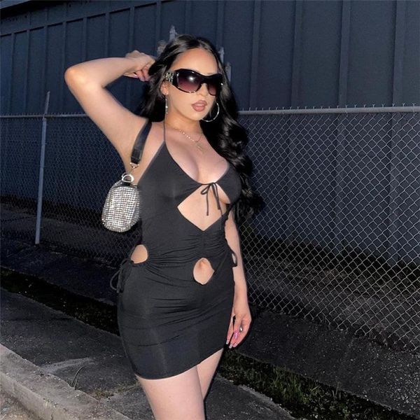 

women's swimwear women clothing black autumn winter halterneck hollow dress party dresses nightclub club outfit streetwear y2k wholesal, White;black