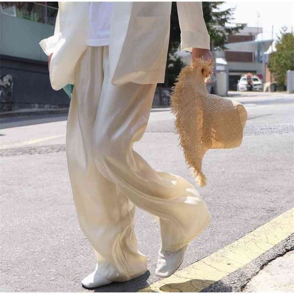 

women's pants & capris summer casual satin loose style long high waist straight wide leg female trousers 6ble, Black;white