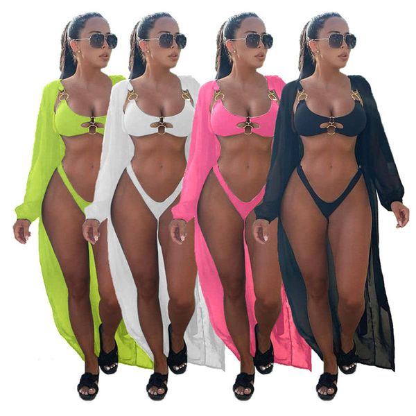 

women swim three piece sets swimwear bikini sets+cardigan fashion solid color bathing suit blackless bikini sets bodycon swimsuit 4626, White;black
