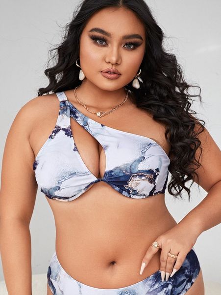 

plus marble print one shoulder bikini c9jq#, Black