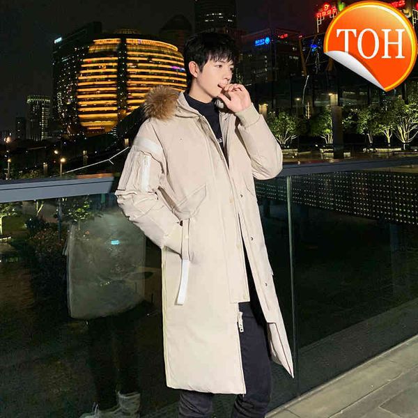 

-30 degree winter down parkas hooded fur collar windbreaker 90% white duck jacket thick warm long couple coat s-3xl, Black