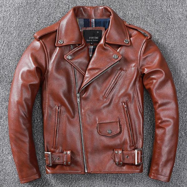 

men's leather & faux heavy classical perfecto jacket motorcycle jackets men natural calf skin brown coat slim clothing, Black