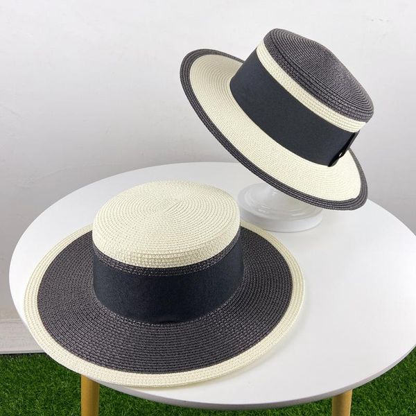 

brim boater hat women black white joint straw hat beach sun cap lady summer wide brim uv protect hats, Blue;gray