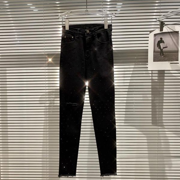 

2021 spring new arrival black solid color waistline decoration thin elastic hole fit jeans dtfp, Blue