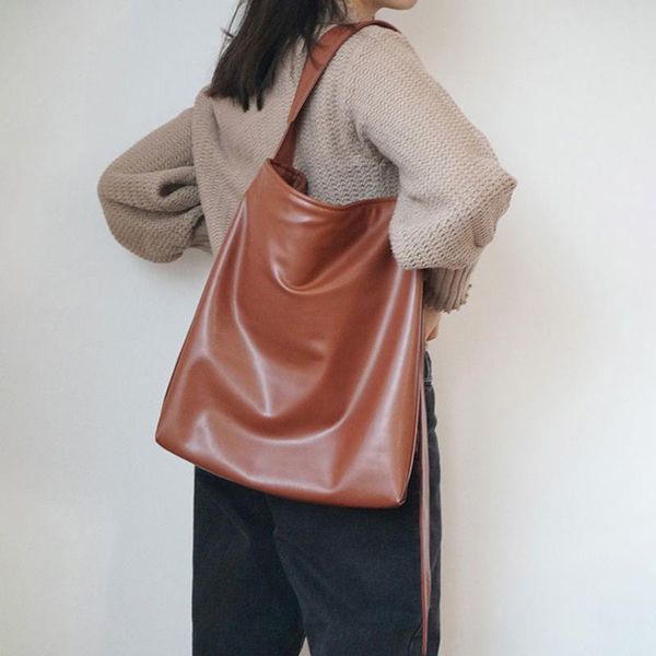 

korean simple soft leather bucket bag single shoulder large capacity pu shopping pack 2021 new female bag d5a8