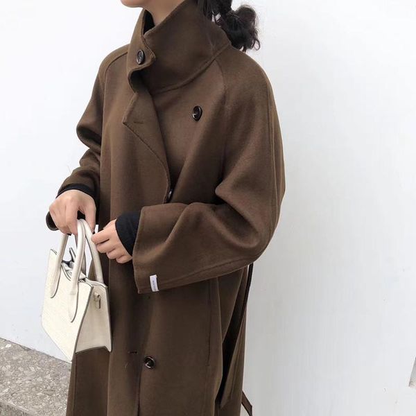 

women's wool & blends high-end hand-stitched double-sided cashmere coat ladies mid-length over the knee black stand-up collar woolen