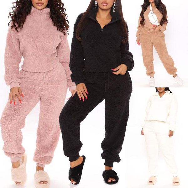 

lamb wool tracksuit women two piece set winter clothes pullover sweatshirt and pants warm sweat suits women's sets outfits, White