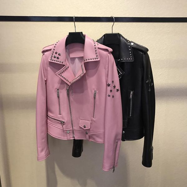 

women's leather & faux fall winter women sheepskin biker chic real rivets jackets coat d699, Black