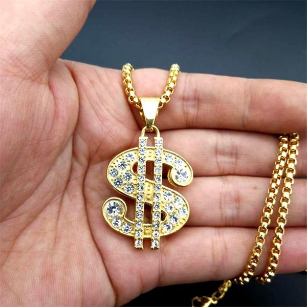 

pendant necklaces hip hop stainless steel iced out pave cubic zirconia us dollar money with chains gold color necklace jewelry for, Silver