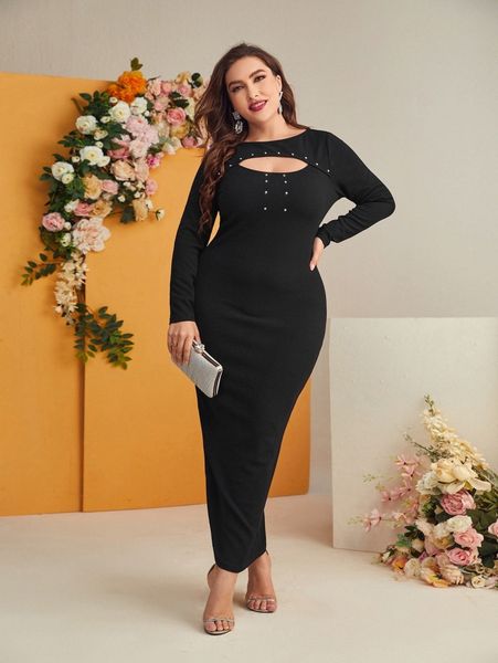 

plus studded keyhole neck dress 45ns#, Black